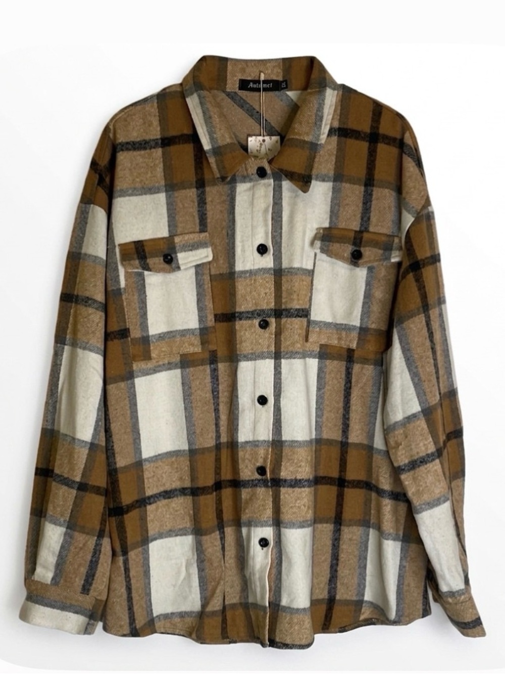 AUTOMET Plaid Button-Up Shacket, Women’s 2X, Brown White